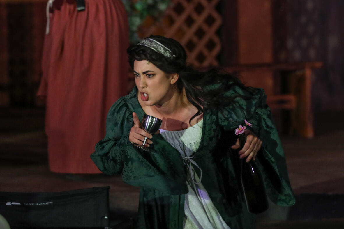 Beatrice (Amy Hypnarowski) in Much Ado About Nothing, 2024 Shakespeare in the Vines