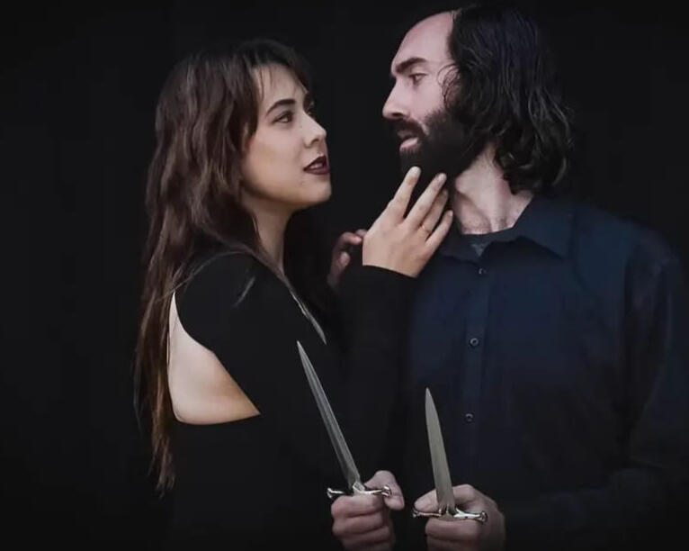 Amy Hypnarowski and Tanner Devos as Lady Macbeth and Lord Macbeth, Patio Playhouse, 2023