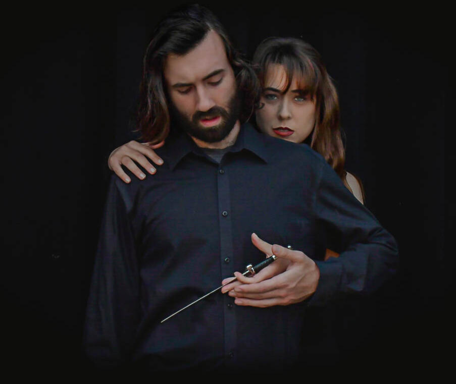 Amy Hypnarowski and Tanner Devos as Lady Macbeth and Lord Macbeth, Patio Playhouse, 2023