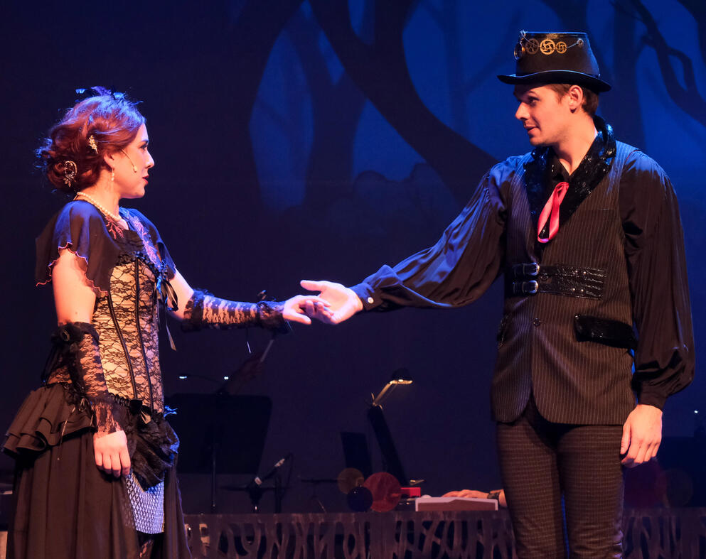 Katrina Van Tassel (Amy Hypnarowski) and Dennis Peters (Icabod Crane) in The Legend of Sleepy Hollow, Oceanside Theater Company 2024