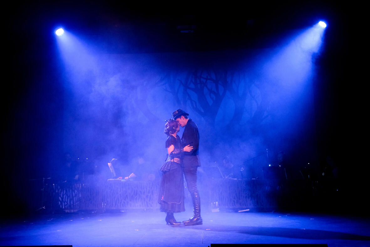 Katrina Van Tassel (Amy Hypnarowski) and Dennis Peters (Icabod Crane) in The Legend of Sleepy Hollow, Oceanside Theater Company 2024